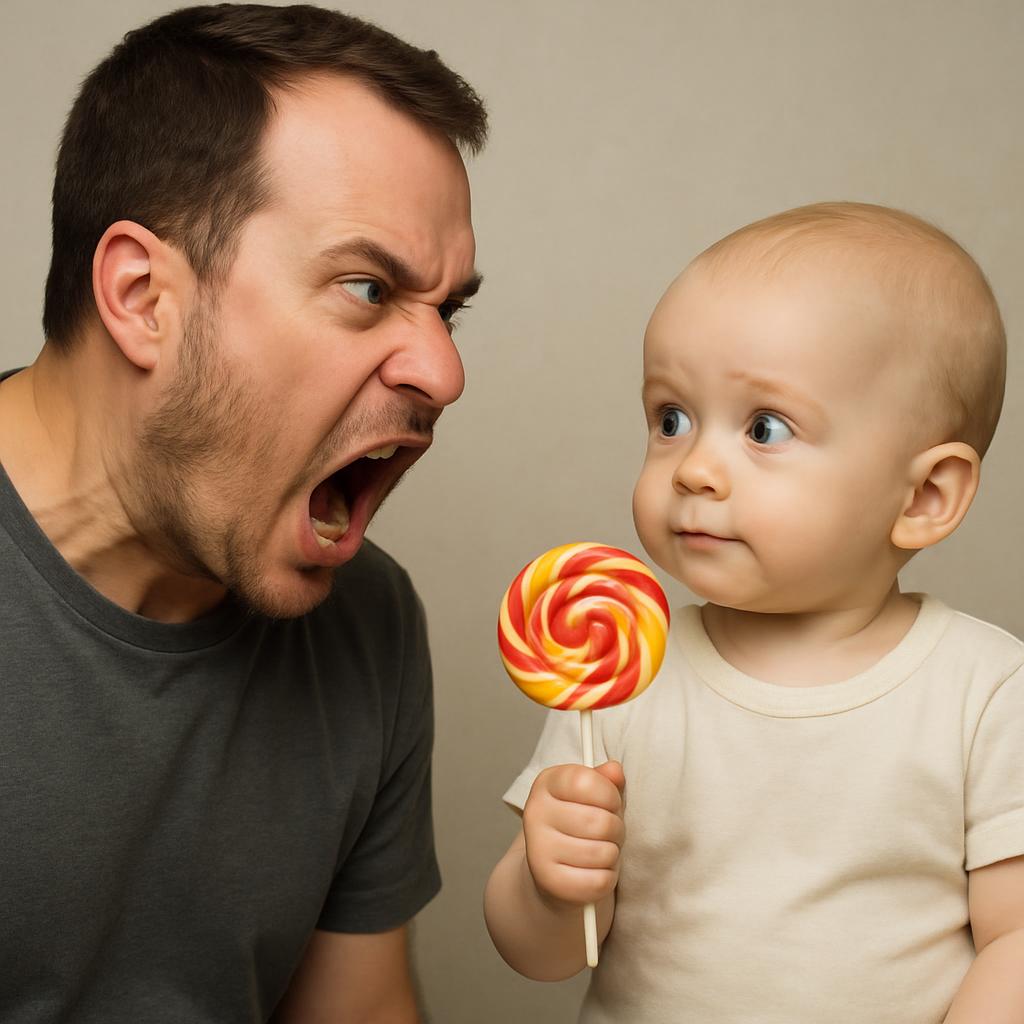 Grown man yelling at a baby with a lolipop, the child is acting Blank Meme Template
