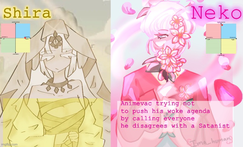 Neko and Shira shared temp | Animevac trying not to push his woke agenda by calling everyone he disagrees with a Satanist | image tagged in neko and shira shared temp | made w/ Imgflip meme maker