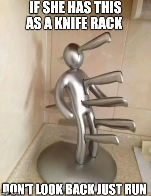 If She Has This As A Knife Rack Don't Look Back Just Run | IF SHE HAS THIS AS A KNIFE RACK; DON'T LOOK BACK JUST RUN | image tagged in chrisjoines1 | made w/ Imgflip meme maker