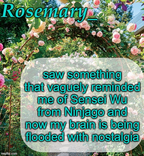genuinely was so obsessed with that show as a kid. | saw something that vaguely reminded me of Sensei Wu from Ninjago and now my brain is being flooded with nostalgia | image tagged in rosemary_ template | made w/ Imgflip meme maker