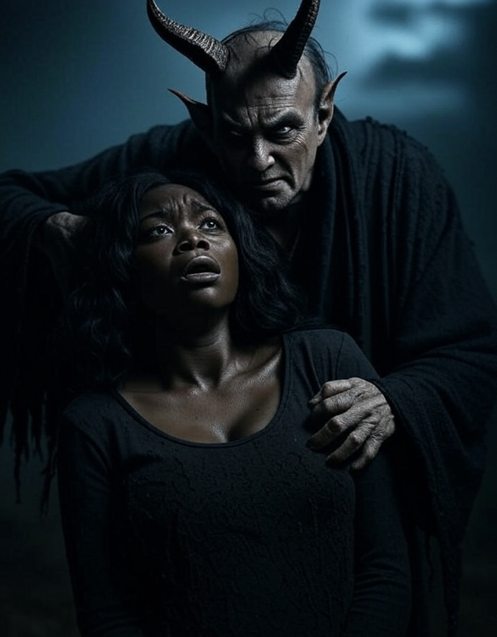 Evil Satan Devil standing over Black woman Blank Meme Template