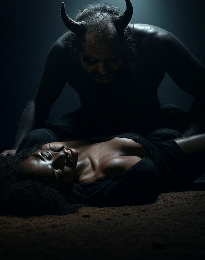 Evil Satan Devil standing over Black woman Blank Meme Template