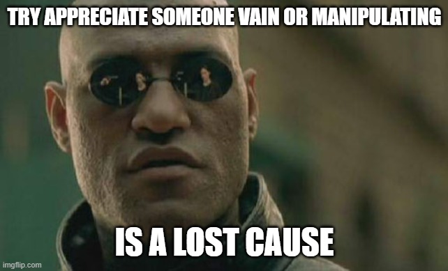 lost cause | TRY APPRECIATE SOMEONE VAIN OR MANIPULATING; IS A LOST CAUSE | image tagged in memes,matrix morpheus | made w/ Imgflip meme maker