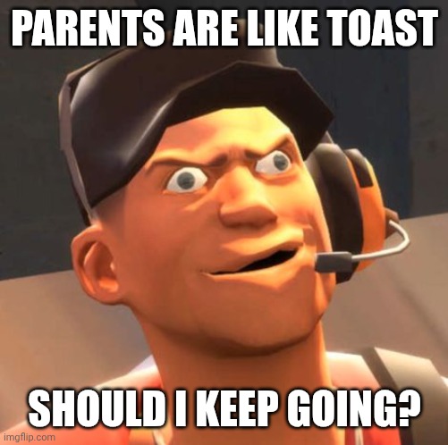 TF2 Scout | PARENTS ARE LIKE TOAST SHOULD I KEEP GOING? | image tagged in tf2 scout | made w/ Imgflip meme maker