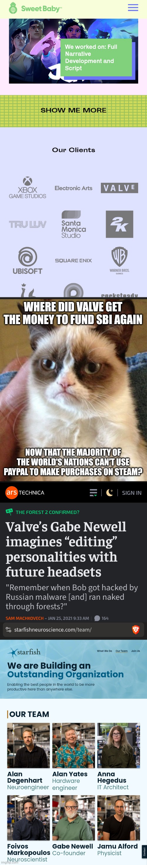 Just when you thought it was safe to enjoy games again, Gayben wants to take you to a gaybar by any means necessary | WHERE DID VALVE GET THE MONEY TO FUND SBI AGAIN; NOW THAT THE MAJORITY OF THE WORLD'S NATIONS CAN'T USE PAYPAL TO MAKE PURCHASES ON STEAM? | image tagged in memes,grumpy cat,woke,propaganda,valve,brainwashing | made w/ Imgflip meme maker