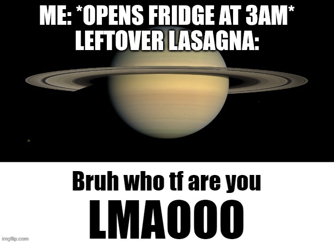 Bruh who tf are you LMAOOO | ME: *OPENS FRIDGE AT 3AM*
LEFTOVER LASAGNA: | image tagged in bruh who tf are you lmaooo | made w/ Imgflip meme maker