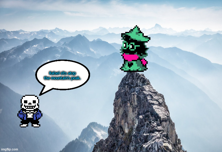 daily dose of ralsei (part 1) | Ralsei sits atop the mountain's peak. | image tagged in mountain top | made w/ Imgflip meme maker