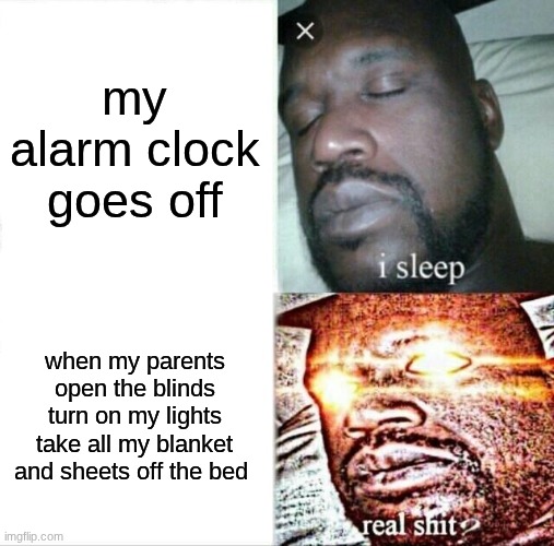 Sleeping Shaq Meme | my alarm clock goes off; when my parents open the blinds turn on my lights take all my blanket and sheets off the bed | image tagged in memes,sleeping shaq | made w/ Imgflip meme maker