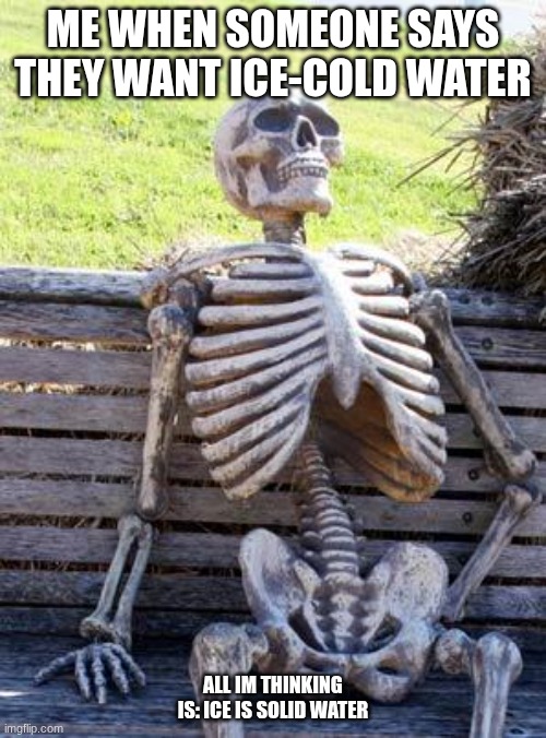 ice=water | ME WHEN SOMEONE SAYS THEY WANT ICE-COLD WATER; ALL IM THINKING IS: ICE IS SOLID WATER | image tagged in memes,waiting skeleton | made w/ Imgflip meme maker