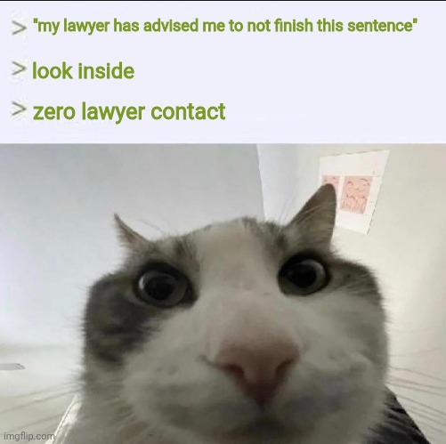 ​ | "my lawyer has advised me to not finish this sentence"; look inside; zero lawyer contact | made w/ Imgflip meme maker
