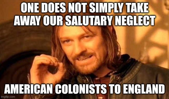 One Does Not Simply Meme | ONE DOES NOT SIMPLY TAKE AWAY OUR SALUTARY NEGLECT; AMERICAN COLONISTS TO ENGLAND | image tagged in memes,one does not simply | made w/ Imgflip meme maker