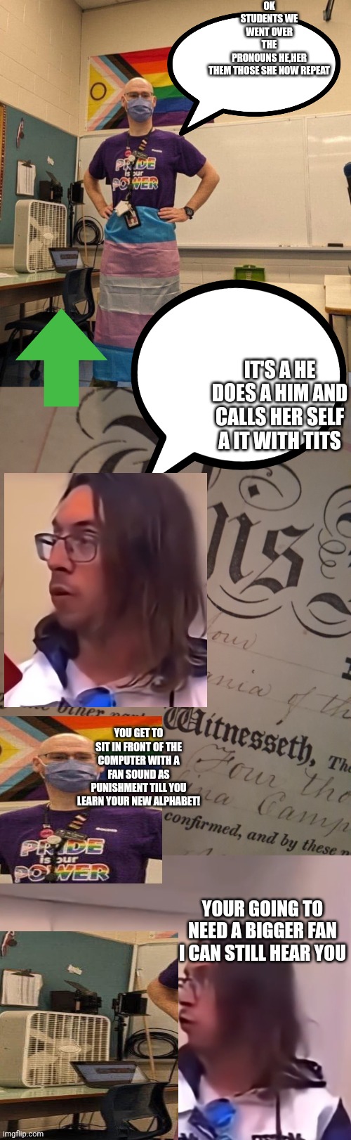 Readers highgest : This isn't your father's school,COMPLETE fail in school system nation wide | OK STUDENTS WE WENT OVER THE PRONOUNS HE,HER THEM THOSE SHE NOW REPEAT; IT'S A HE DOES A HIM AND CALLS HER SELF A IT WITH TITS; YOU GET TO SIT IN FRONT OF THE COMPUTER WITH A FAN SOUND AS PUNISHMENT TILL YOU LEARN YOUR NEW ALPHABET! YOUR GOING TO NEED A BIGGER FAN I CAN STILL HEAR YOU | image tagged in leftist,wtf,school,art | made w/ Imgflip meme maker