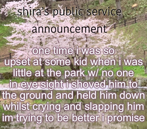shira’s PSA | one time i was so upset at some kid when i was little at the park w/ no one in eye sight i shoved him to the ground and held him down whilst crying and slapping him
im trying to be better i promise | image tagged in shira s psa | made w/ Imgflip meme maker