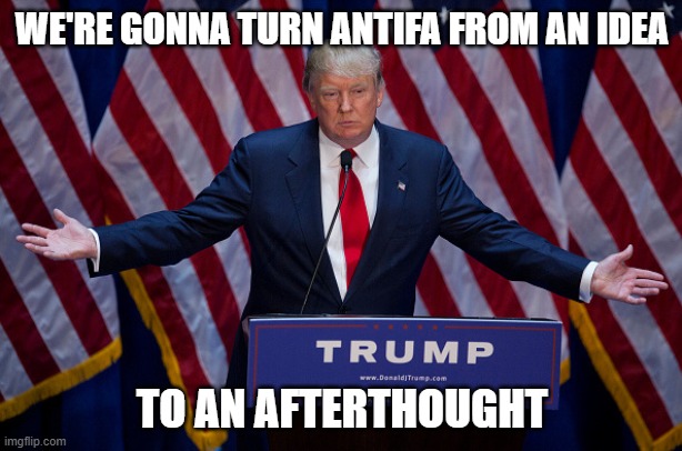 Donald Trump | WE'RE GONNA TURN ANTIFA FROM AN IDEA TO AN AFTERTHOUGHT | image tagged in donald trump | made w/ Imgflip meme maker