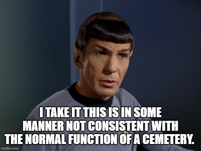 Spock | I TAKE IT THIS IS IN SOME MANNER NOT CONSISTENT WITH THE NORMAL FUNCTION OF A CEMETERY. | image tagged in spock | made w/ Imgflip meme maker