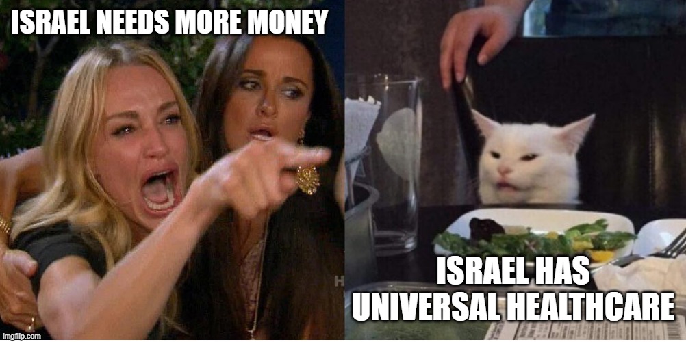 salad cat | ISRAEL NEEDS MORE MONEY; ISRAEL HAS UNIVERSAL HEALTHCARE | image tagged in salad cat | made w/ Imgflip meme maker