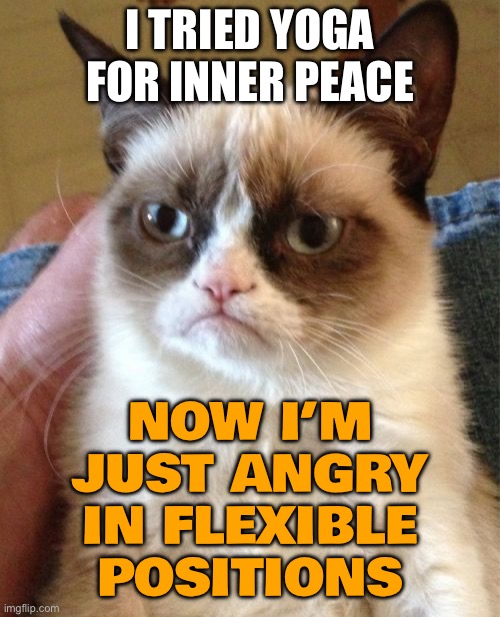 Grumpy Cat | I TRIED YOGA FOR INNER PEACE; NOW I’M JUST ANGRY IN FLEXIBLE POSITIONS | image tagged in memes,grumpy cat | made w/ Imgflip meme maker