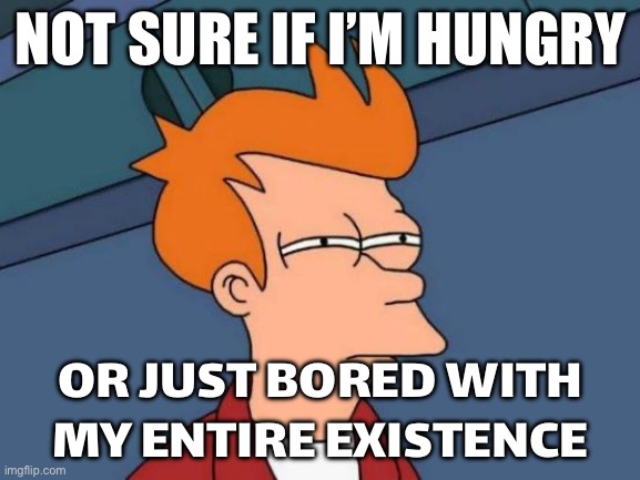 NOT SURE IF I’M HUNGRY; OR JUST BORED WITH MY ENTIRE EXISTENCE | NOT SURE IF I’M HUNGRY; OR JUST BORED WITH MY ENTIRE EXISTENCE | image tagged in memes,futurama fry,food memes,food,i'm hungry,life sucks | made w/ Imgflip meme maker