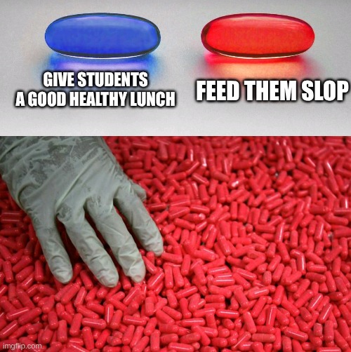 real | GIVE STUDENTS A GOOD HEALTHY LUNCH; FEED THEM SLOP | image tagged in blue or red pill | made w/ Imgflip meme maker