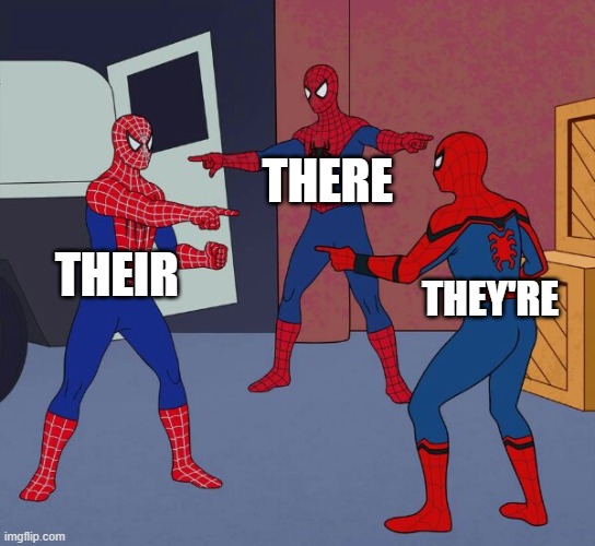 They're all the same | THERE; THEIR; THEY'RE | image tagged in spider man triple | made w/ Imgflip meme maker