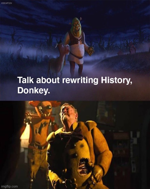 Shrek and Donkey impressed of William Afton’s death | image tagged in shrek and donkey impressed of villains defeat | made w/ Imgflip meme maker