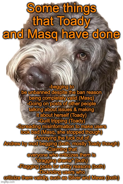 Now watch them as they call me a drama dragger, start harassing me, and flag this post | -begging to be unbanned despite the ban reason being completely valid (Masq)
-Going on posts of other people talking about issues & making it about herself (Toady)
-Guilt tripping (Toady)
-Spreading misinformation to make users look bad (Masq, she stopped though)
-Annoying the fuck out of Andrew by mod begging (both, mostly Toady though)
-Claiming that everyone who criticizes them is "dragging drama" (both)
-Flagging posts for shitty reasons (both)
-Dickriding users who criticize them validly, such as Silver and Mewo (both); Some things that Toady and Masq have done | image tagged in norther's dog | made w/ Imgflip meme maker