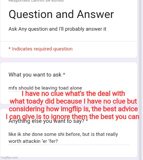 I have no clue what's the deal with what toady did because I have no clue but considering how imgflip is, the best advice I can give is to ignore them the best you can | made w/ Imgflip meme maker