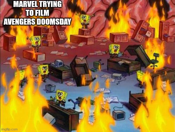 Avenger doomsday 2026 | MARVEL TRYING TO FILM AVENGERS DOOMSDAY | image tagged in spongebob panic,crisis | made w/ Imgflip meme maker