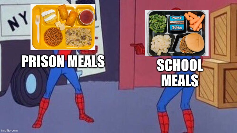 School Lunches Be Like | PRISON MEALS; SCHOOL MEALS | image tagged in spiderman pointing at spiderman | made w/ Imgflip meme maker