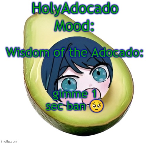 Holy Adocado! | gimme 1 sec ban 🥺 | image tagged in holy adocado | made w/ Imgflip meme maker