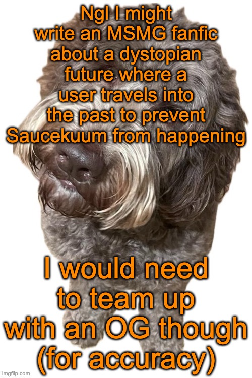 Norther's dog | Ngl I might write an MSMG fanfic about a dystopian future where a user travels into the past to prevent Saucekuum from happening; I would need to team up with an OG though (for accuracy) | image tagged in norther's dog | made w/ Imgflip meme maker