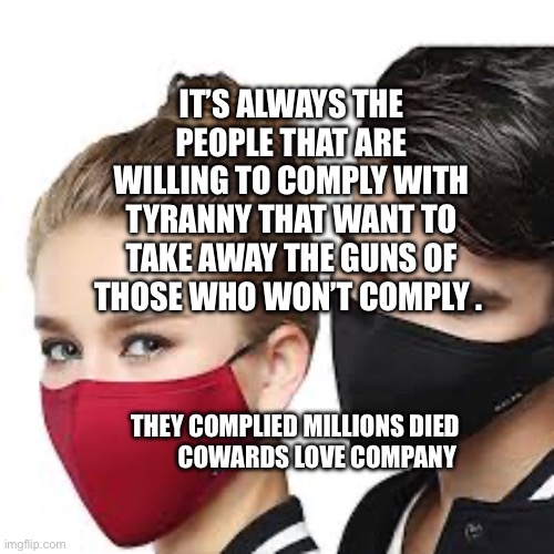 Mask Couple | IT’S ALWAYS THE PEOPLE THAT ARE WILLING TO COMPLY WITH TYRANNY THAT WANT TO TAKE AWAY THE GUNS OF THOSE WHO WON’T COMPLY . THEY COMPLIED MILLIONS DIED            COWARDS LOVE COMPANY | image tagged in mask couple | made w/ Imgflip meme maker