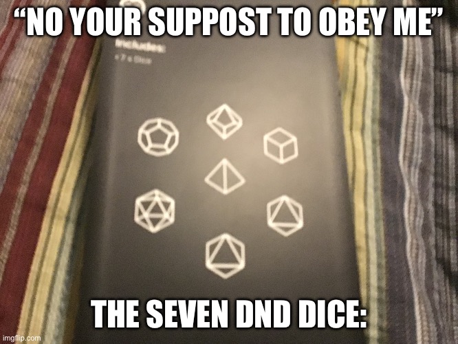 I am a dnd fan :D (same) | “NO YOUR SUPPOST TO OBEY ME”; THE SEVEN DND DICE: | made w/ Imgflip meme maker