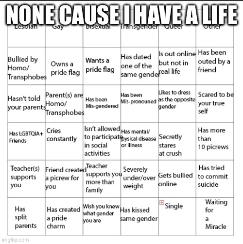 NONE CAUSE I HAVE A LIFE | image tagged in lgbtqia bingo | made w/ Imgflip meme maker