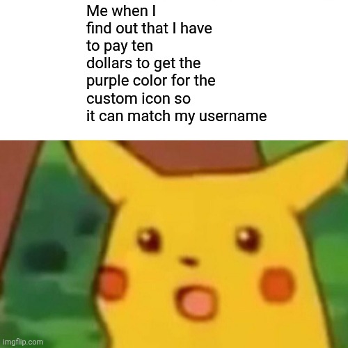 Purpl... | Me when I find out that I have to pay ten dollars to get the purple color for the custom icon so it can match my username | image tagged in memes,surprised pikachu,and i took that personally | made w/ Imgflip meme maker
