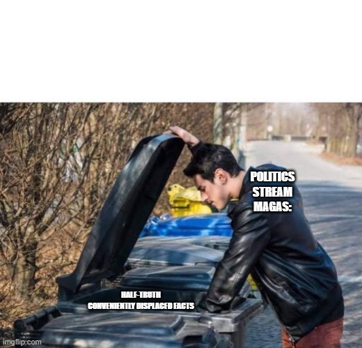 looking in garbage | POLITICS STREAM MAGAS: HALF-TRUTH CONVENIENTLY DISPLACED FACTS | image tagged in looking in garbage | made w/ Imgflip meme maker