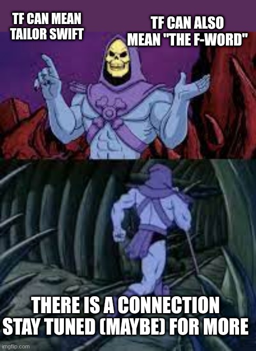 skeletor until next time | TF CAN ALSO MEAN "THE F-WORD"; TF CAN MEAN TAILOR SWIFT; THERE IS A CONNECTION STAY TUNED (MAYBE) FOR MORE | image tagged in skeletor until next time | made w/ Imgflip meme maker