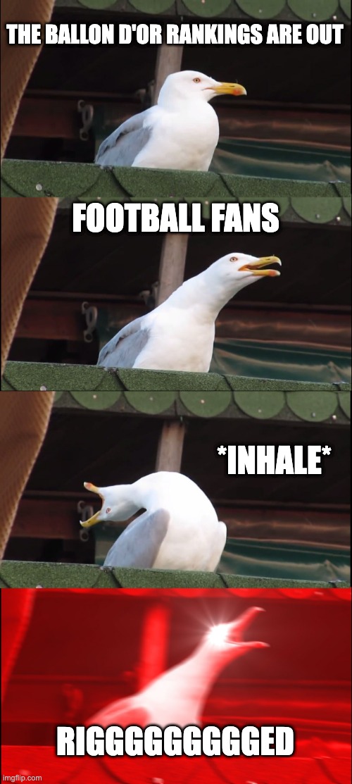 RIGGED | THE BALLON D'OR RANKINGS ARE OUT; FOOTBALL FANS; *INHALE*; RIGGGGGGGGGED | image tagged in memes,inhaling seagull | made w/ Imgflip meme maker