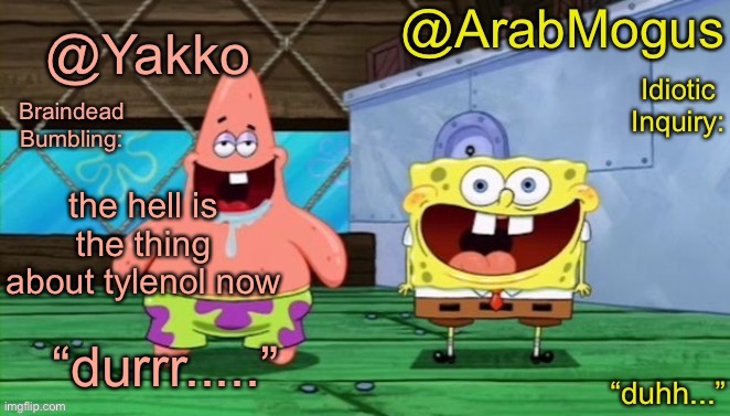 Yakko and ArabMogus’s shared temp | the hell is the thing about tylenol now | image tagged in yakko and arabmogus s shared temp | made w/ Imgflip meme maker