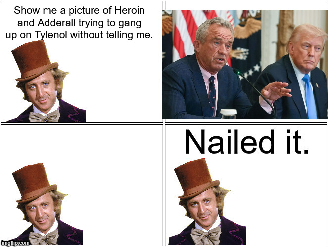 See, I can learn how to use auto-correct! | Show me a picture of Heroin and Adderall trying to gang up on Tylenol without telling me. | image tagged in nailed it wonka | made w/ Imgflip meme maker
