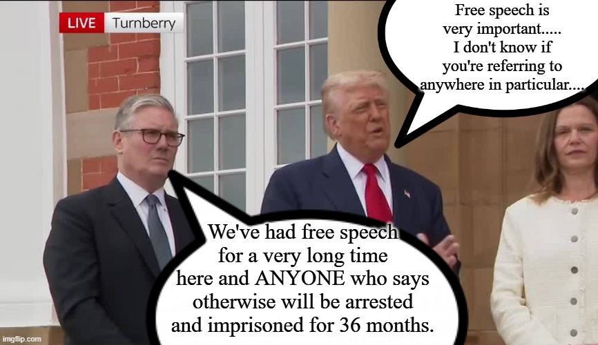 Free speech is very important..... I don't know if you're referring to anywhere in particular.... We've had free speech for a very long time here and ANYONE who says otherwise will be arrested and imprisoned for 36 months. | image tagged in keir starmer,donald trump,free speech,freedom of speech | made w/ Imgflip meme maker