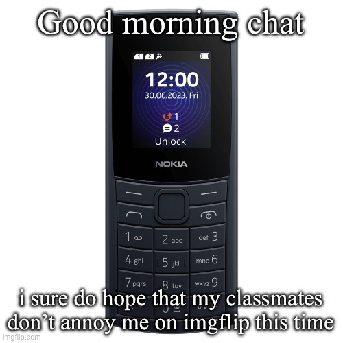 nokia 110 4g | Good morning chat; i sure do hope that my classmates don’t annoy me on imgflip this time | image tagged in nokia 110 4g | made w/ Imgflip meme maker