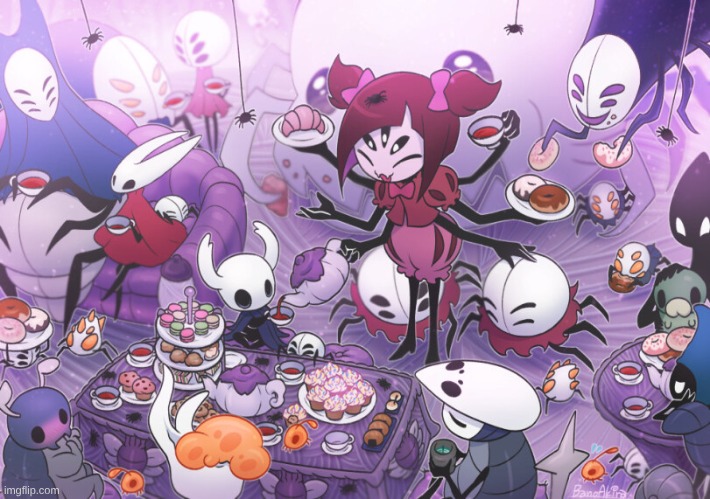 I did not make this, I just found it, but it's peak | image tagged in undertale,muffet,hollow knight,silksong,crossover,shaw | made w/ Imgflip meme maker