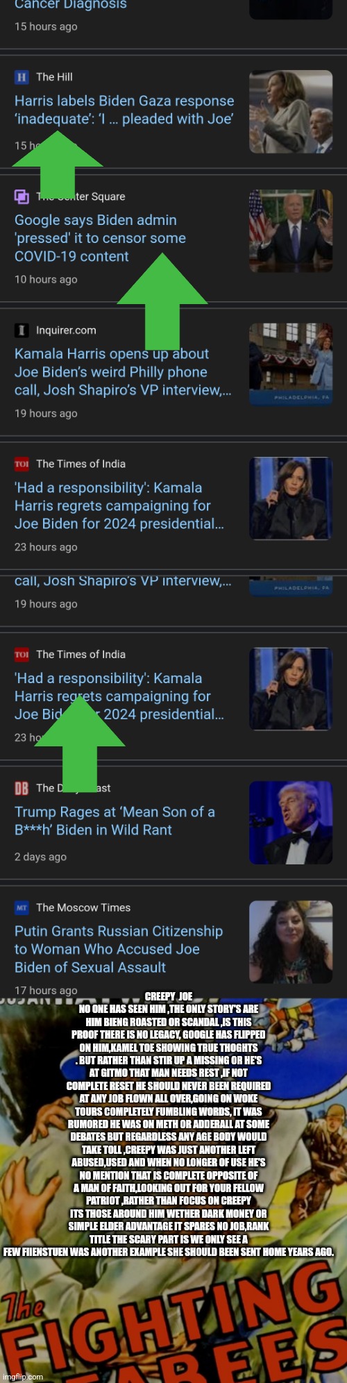 Readers highgest : Demonrats turncoated there own party! Patriots pray for peace and sleep for all! | CREEPY  JOE NO ONE HAS SEEN HIM ,THE ONLY STORY'S ARE HIM BIENG ROASTED OR SCANDAL ,IS THIS PROOF THERE IS NO LEGACY, GOOGLE HAS FLIPPED ON HIM,KAMEL TOE SHOWING TRUE THOGHTS . BUT RATHER THAN STIR UP A MISSING OR HE'S AT GITMO THAT MAN NEEDS REST ,IF NOT COMPLETE RESET HE SHOULD NEVER BEEN REQUIRED AT ANY JOB FLOWN ALL OVER,GOING ON WOKE TOURS COMPLETELY FUMBLING WORDS, IT WAS RUMORED HE WAS ON METH OR ADDERALL AT SOME DEBATES BUT REGARDLESS ANY AGE BODY WOULD TAKE TOLL ,CREEPY WAS JUST ANOTHER LEFT ABUSED,USED AND WHEN NO LONGER OF USE HE'S NO MENTION THAT IS COMPLETE OPPOSITE OF A MAN OF FAITH,LOOKING OUT FOR YOUR FELLOW PATRIOT ,RATHER THAN FOCUS ON CREEPY ITS THOSE AROUND HIM WETHER DARK MONEY OR SIMPLE ELDER ADVANTAGE IT SPARES NO JOB,RANK TITLE THE SCARY PART IS WE ONLY SEE A FEW FIIENSTUEN WAS ANOTHER EXAMPLE SHE SHOULD BEEN SENT HOME YEARS AGO. | image tagged in left,demonrat,wtf | made w/ Imgflip meme maker