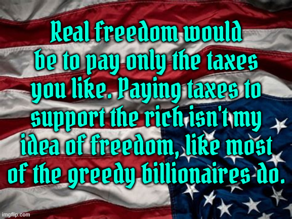 On the precipice of losing our democracy forever | Real freedom would be to pay only the taxes you like. Paying taxes to support the rich isn't my idea of freedom, like most of the greedy billionaires do. | image tagged in freedom is more than a word it's an act,say no to american monarchy,no to fascists and tyranny,long live democracy | made w/ Imgflip meme maker