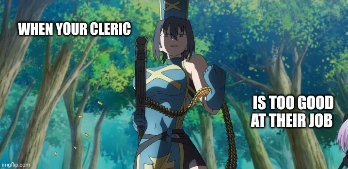The Shy Hero and the assassination Princesses | WHEN YOUR CLERIC; IS TOO GOOD AT THEIR JOB | image tagged in the shy hero and the assassination princesses | made w/ Imgflip meme maker
