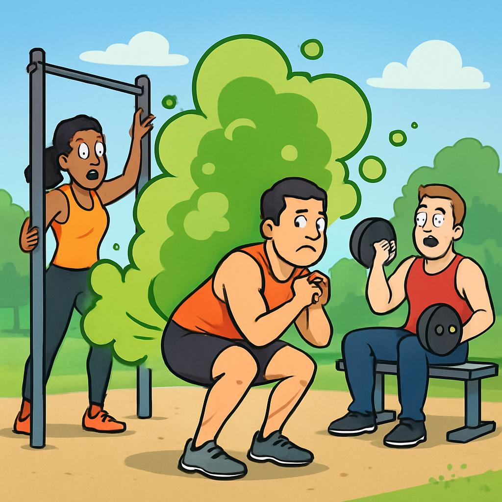 Fart bubble green air and people working out at a outside gym Blank Meme Template