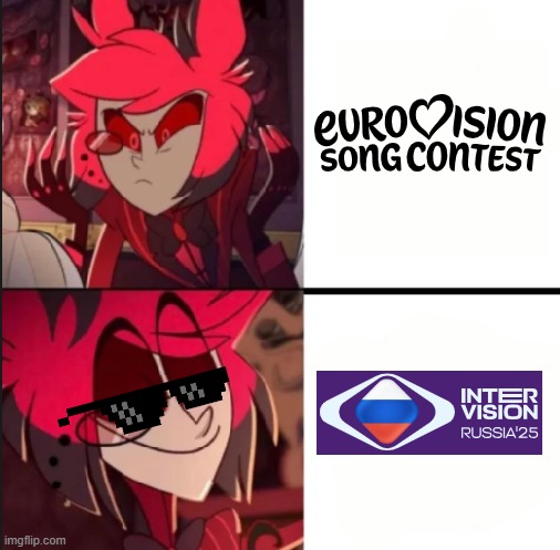 Eurovision vs Intervision -- Hazbin Hotel edition | image tagged in alastor drake format,hazbin hotel republicans,republicans,russia,usa | made w/ Imgflip meme maker