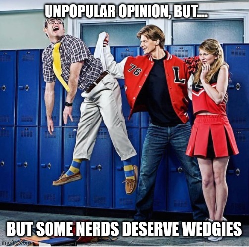 Especially weebs | UNPOPULAR OPINION, BUT.... BUT SOME NERDS DESERVE WEDGIES | image tagged in nerd getting a wedgie,memes | made w/ Imgflip meme maker