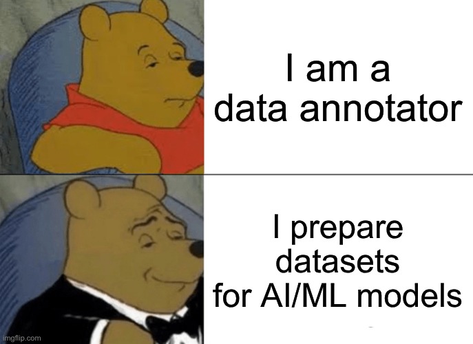 I am a data annotator | I am a data annotator; I prepare datasets for AI/ML models | image tagged in memes,tuxedo winnie the pooh | made w/ Imgflip meme maker
